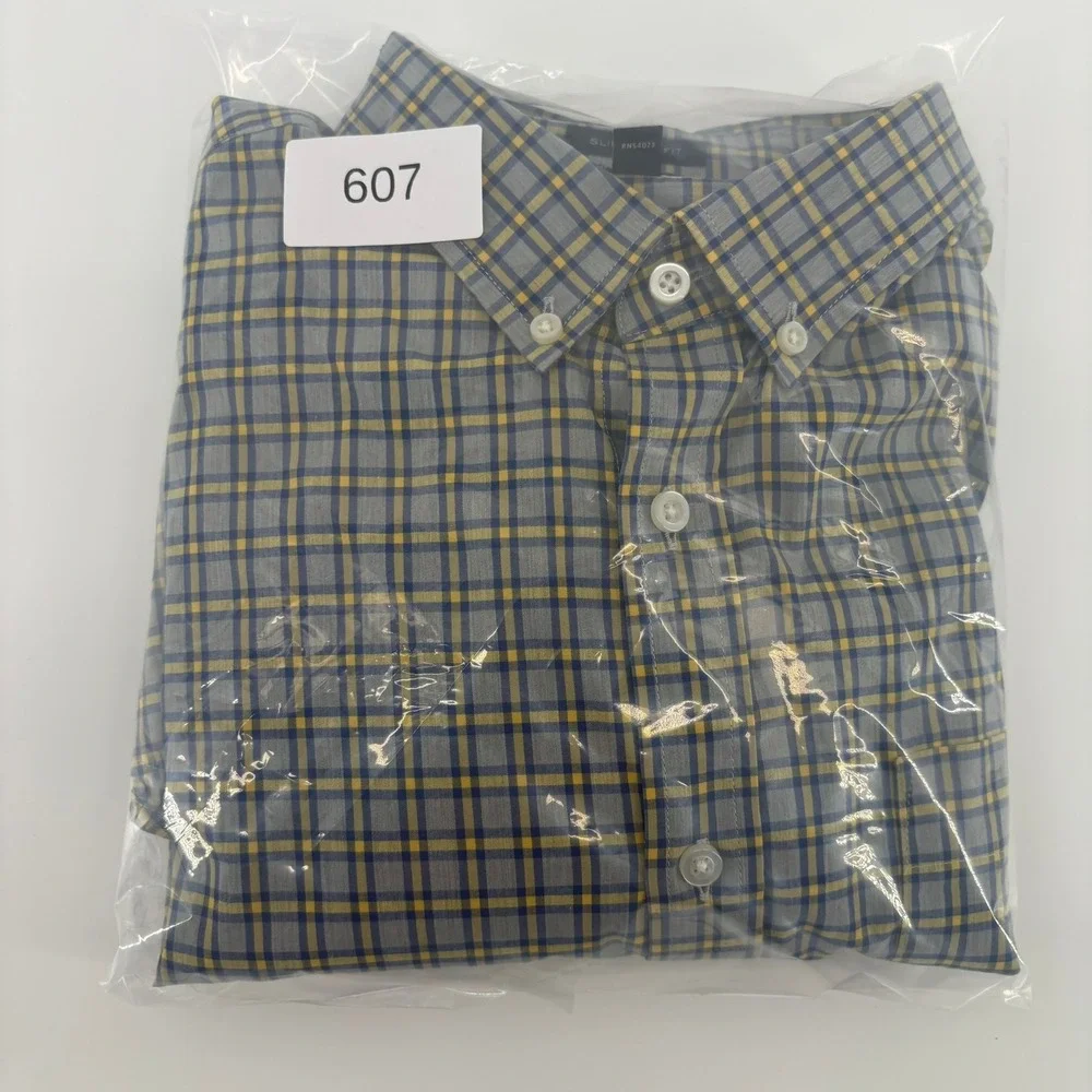 Banana Republic Mens Slim Flex Fit Tech Stretch Plaid Shirt Grey Blue Yellow L